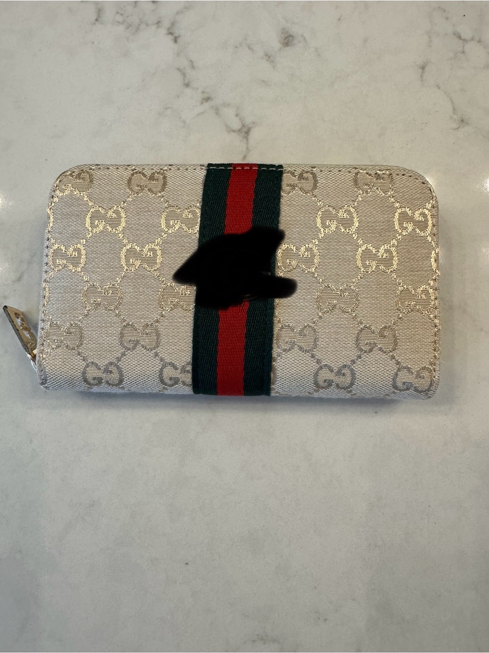 Gucci Beige Canvas Zip Wallet with Green-Red Web Stripe